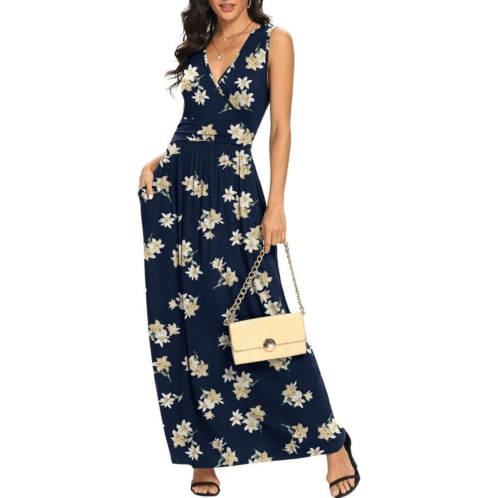 Women Blue Lily Deep V Neck Sleeveless Loose Plain Long Maxi Stretchy Dress